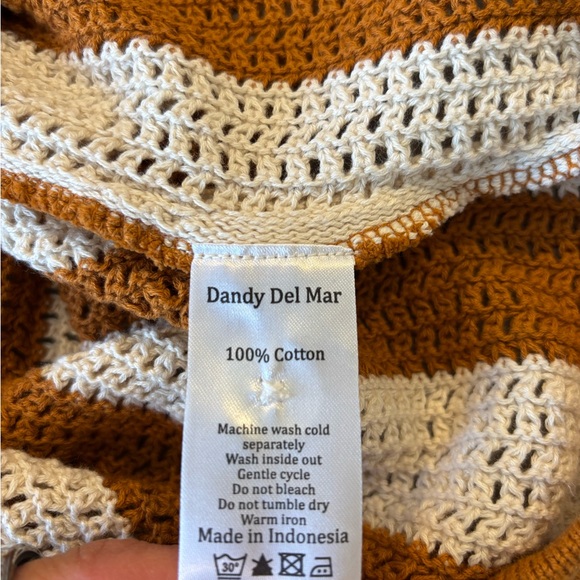 Dandy Del Mar Crochet Knit Polo Shirt Ochre Cream Stripe Cotton Resort Large - Picture 6 of 8